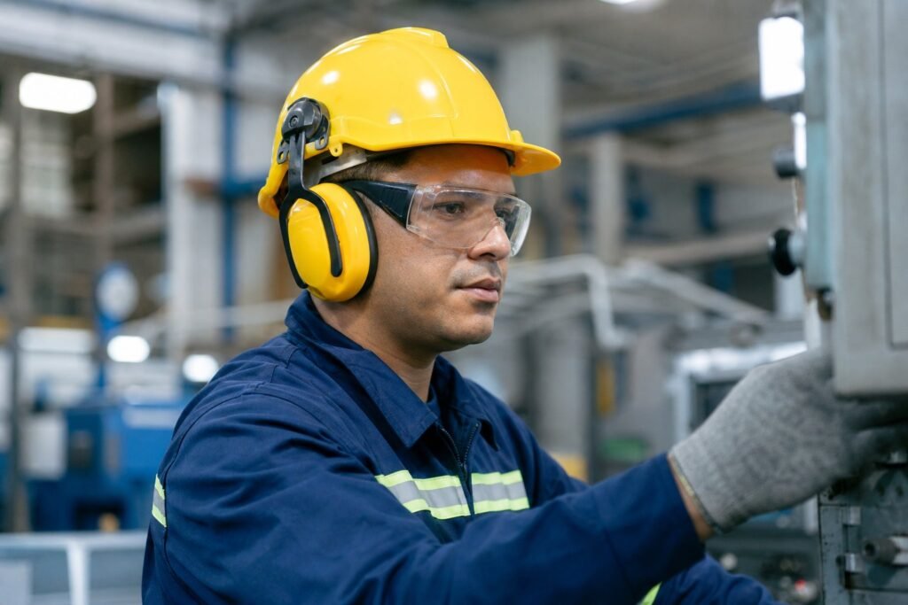 Trabalhador de indústria usando capacete, protetor auricular e óculos de proteção operando máquina